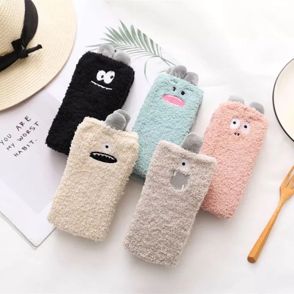 

Cashmere socks embroidery little monster coral fleece socks warm thick cartoon household sleep socks