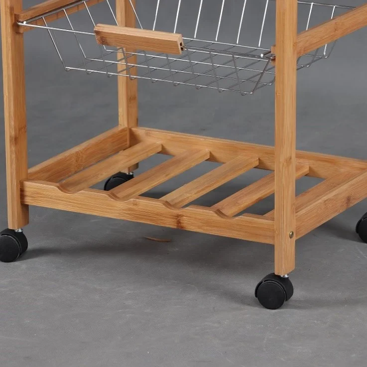 
Promotional home serving bamboo kitchen island trolley with wine rack and wheels 