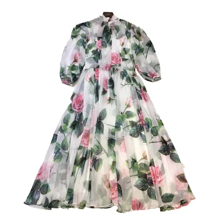 

Fashion designer women's waist dress autumn pink rose flower dress