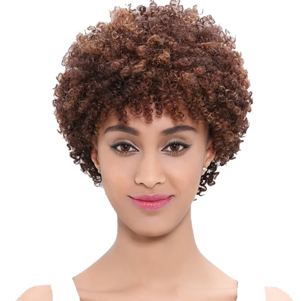 

Glueless virgin kinky curly remy wholesale highlight pixie cut bob dark brown for women afro kinky sample short human hair wig