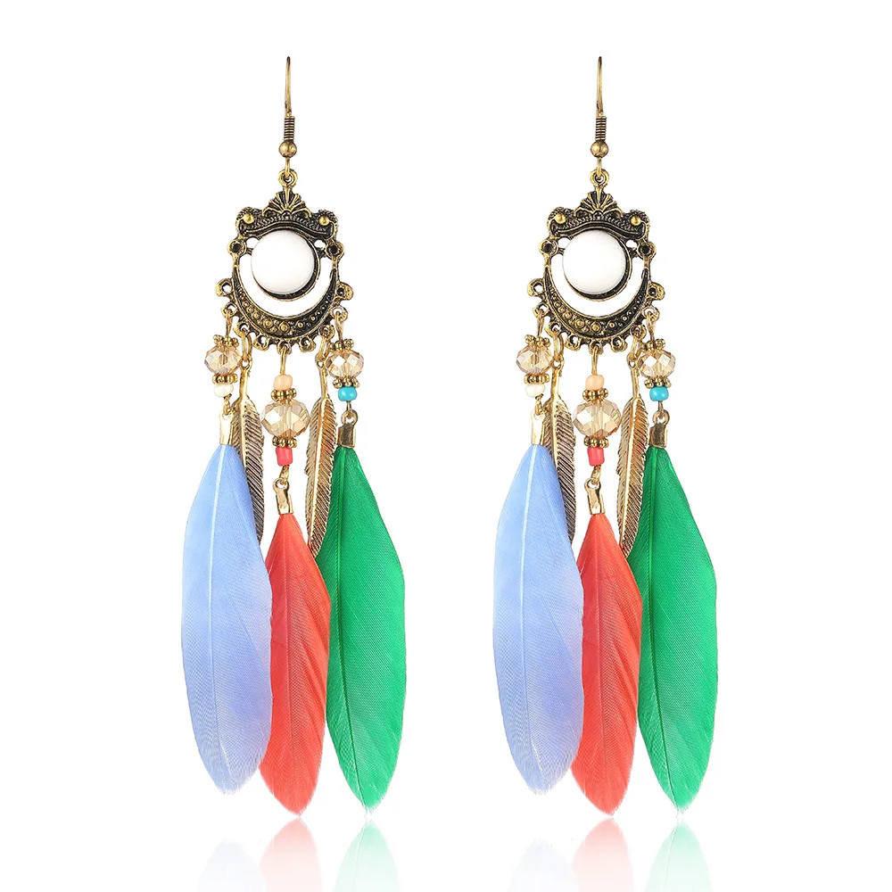 

Bohemian Summer Beads Wedding Earrings For Women Retro Ethnic Tassel Long Feather Earrings, Colorful