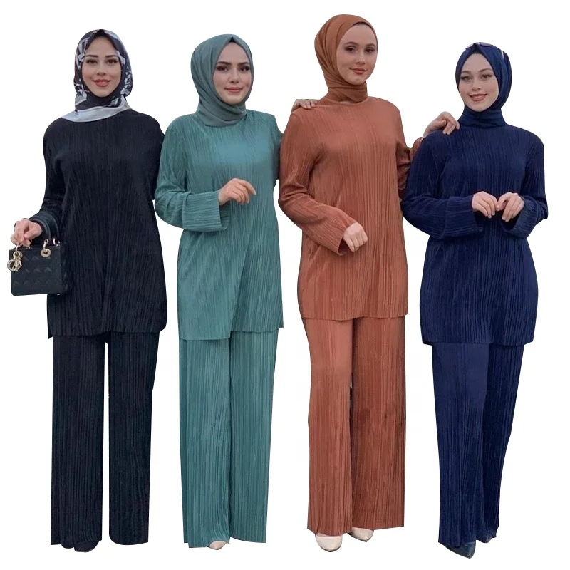 

New Arrival Indonesia Muslim Women Ethnic Style Loose Pleated Clothing Suit Arab Ladies Two-piece Crinkle Clothing