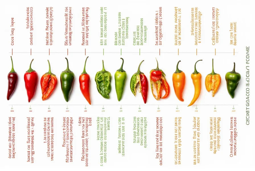 Visual heat scale chart showing chili pepper varieties arranged from mildest to hottest with corresponding Scoville heat units