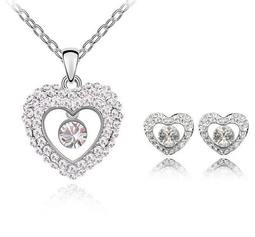 

High-end exquisite diamond necklace Austrian crystal heart pendant earrings necklace women's jewelry set, As pic