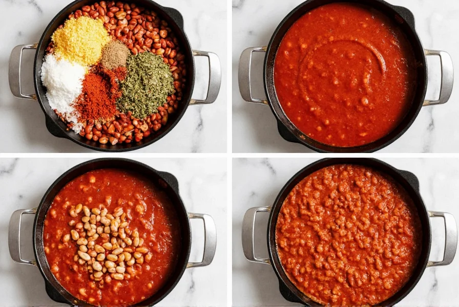 Step-by-step preparation of easy meatless chili recipe in a cast iron pot with beans, tomatoes, and spices