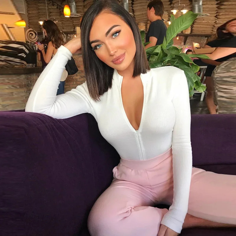 

White XL Zipper Long Sleeve Solid Color Women One Piece Bodycon Bodysuit