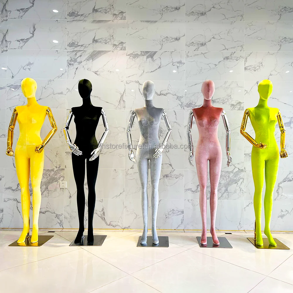 

Luxury Full Body Pink Velvet Female Mannequin Standing Adjustable Chrome Arms Display Clothes For Shop