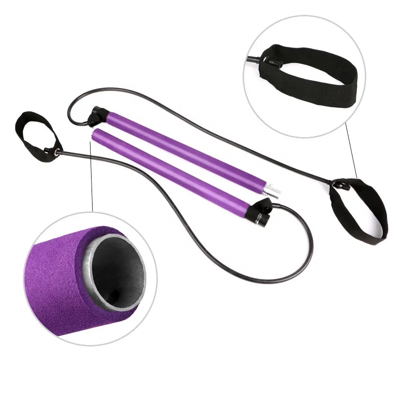 

Pilates Bar Kit with Resistance Band / Portable Yoga Pilates Stick /Home Gym Muscle Toning Bar, Pink, purple