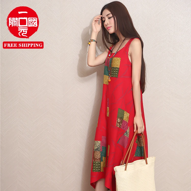 

Summer new style plus size women's Korean style literary sleeveless vest linen long dress