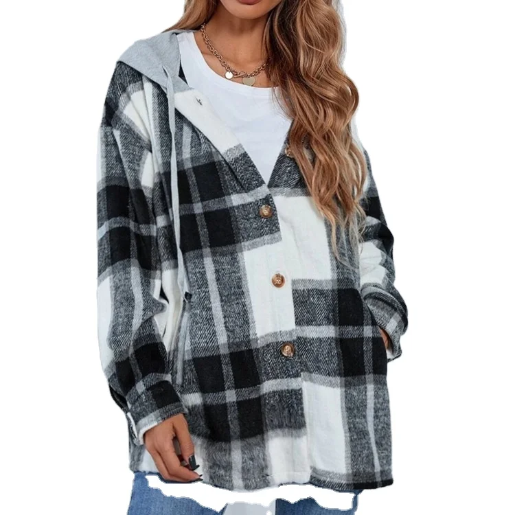 

New Arrival Flannel Plaid Removable Hoodie Shacket For Women Plus Size Heat Jacket, As picture