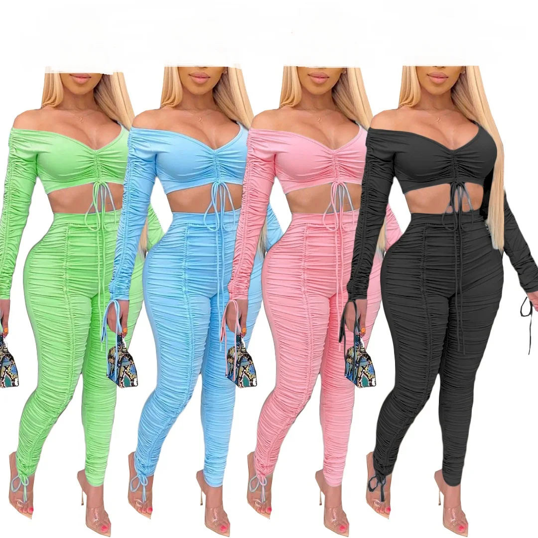 

Summer Neon Pink Sexy Club Outfits 2 Two Piece Set Women's Bodycon Crop Top Ruched Stacked Pants Leggings Women Matching Set