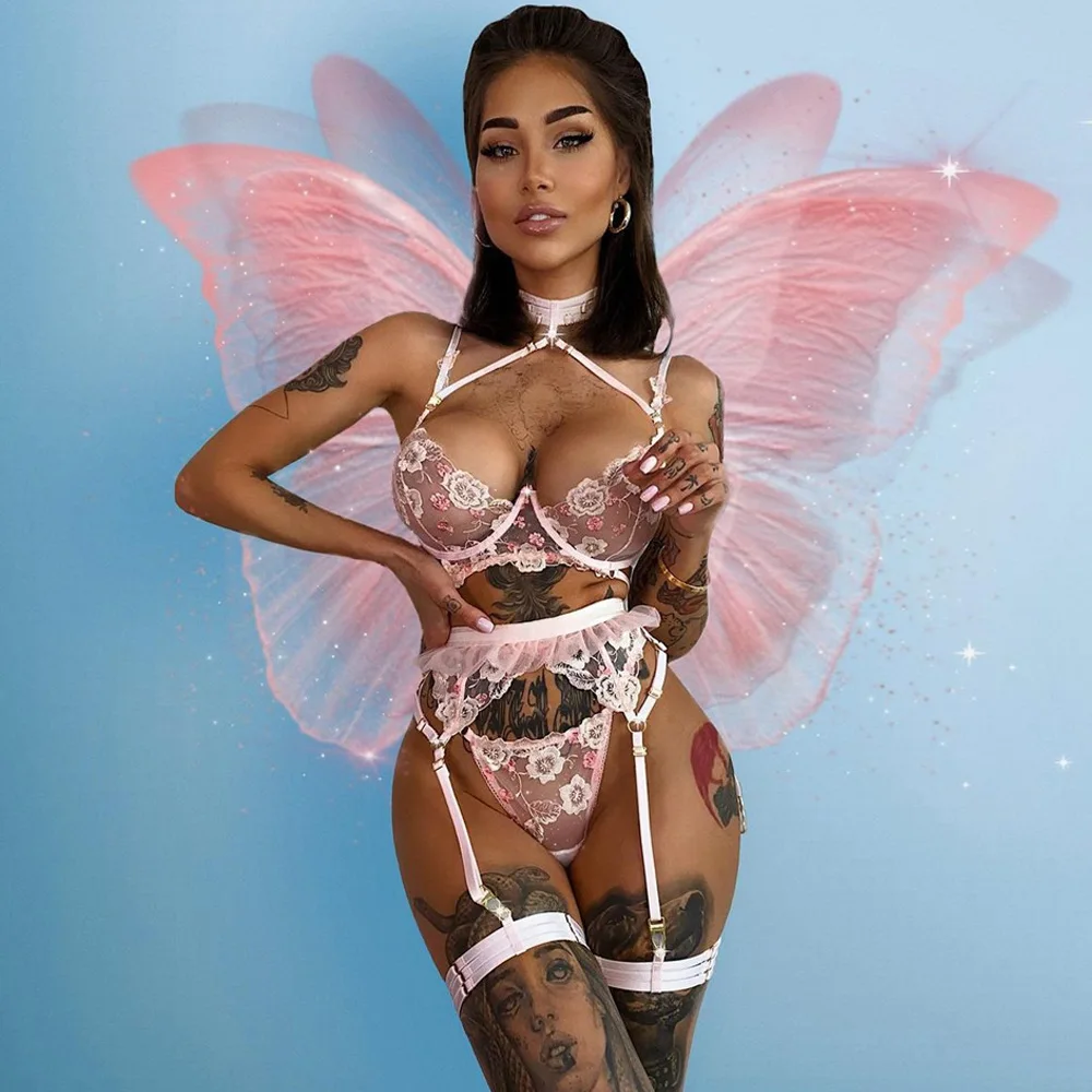 

3 Pcs Sexy Adult Women Elastic Strap Floral Emboidery Pink Transparent Lace Mech Bra Panty Suspender Lingerie Set With Buckles