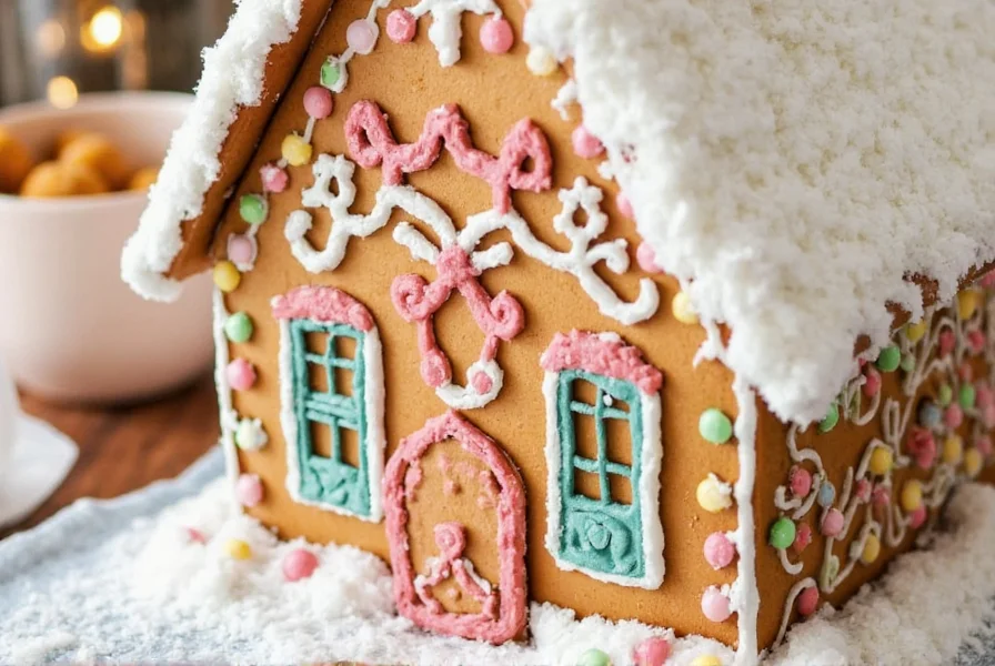 Gingerbread village display with multiple houses, powdered sugar snow, and miniature landscape elements on a wooden table