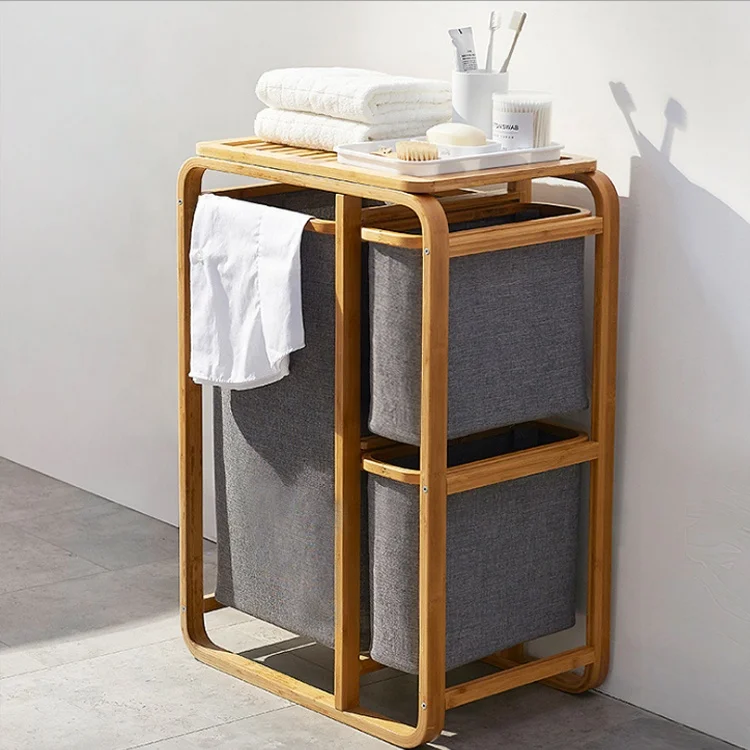 

Commercial twin wooden basket laundry hamper with bamboo frame