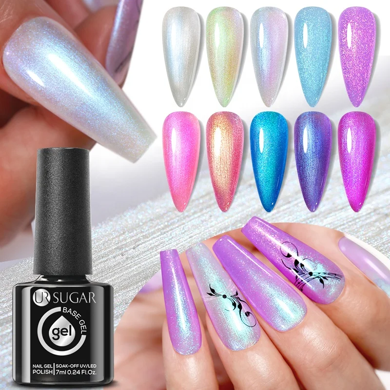 

UR SUGAR 2 in 1 Aurora Pearl White Gel Polish Private Label Self-leveling Shiny Glitter Rubber Base Gel HEMA Free for Nails