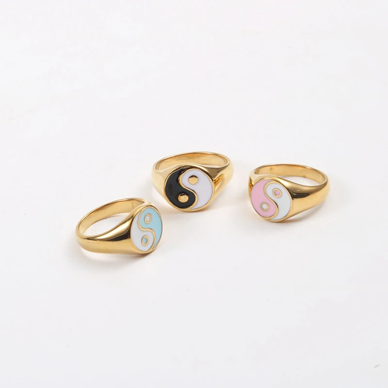 

Chunky stainless steel 18k gold plated rings pink enamel Yin Yang Symbol Signet ring for women trendy jewelry