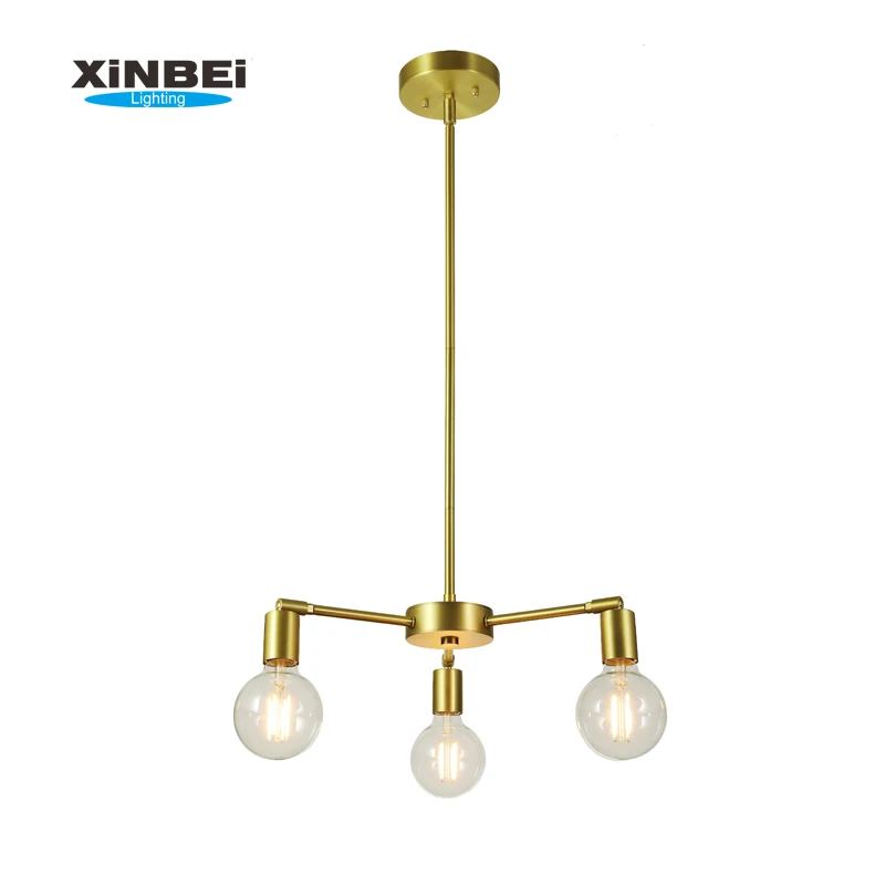 XiNBEi Industrial Pendant light Satin Brass Sputnik 3 Light Bare Bulb Design Chandelier Ceiling Light