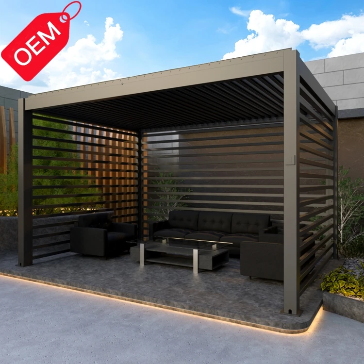 

Electric Patio Awnings Outdoor Louvered Roof System Aluminium Gazebo Bioclimatic Pergola with aluminum fence