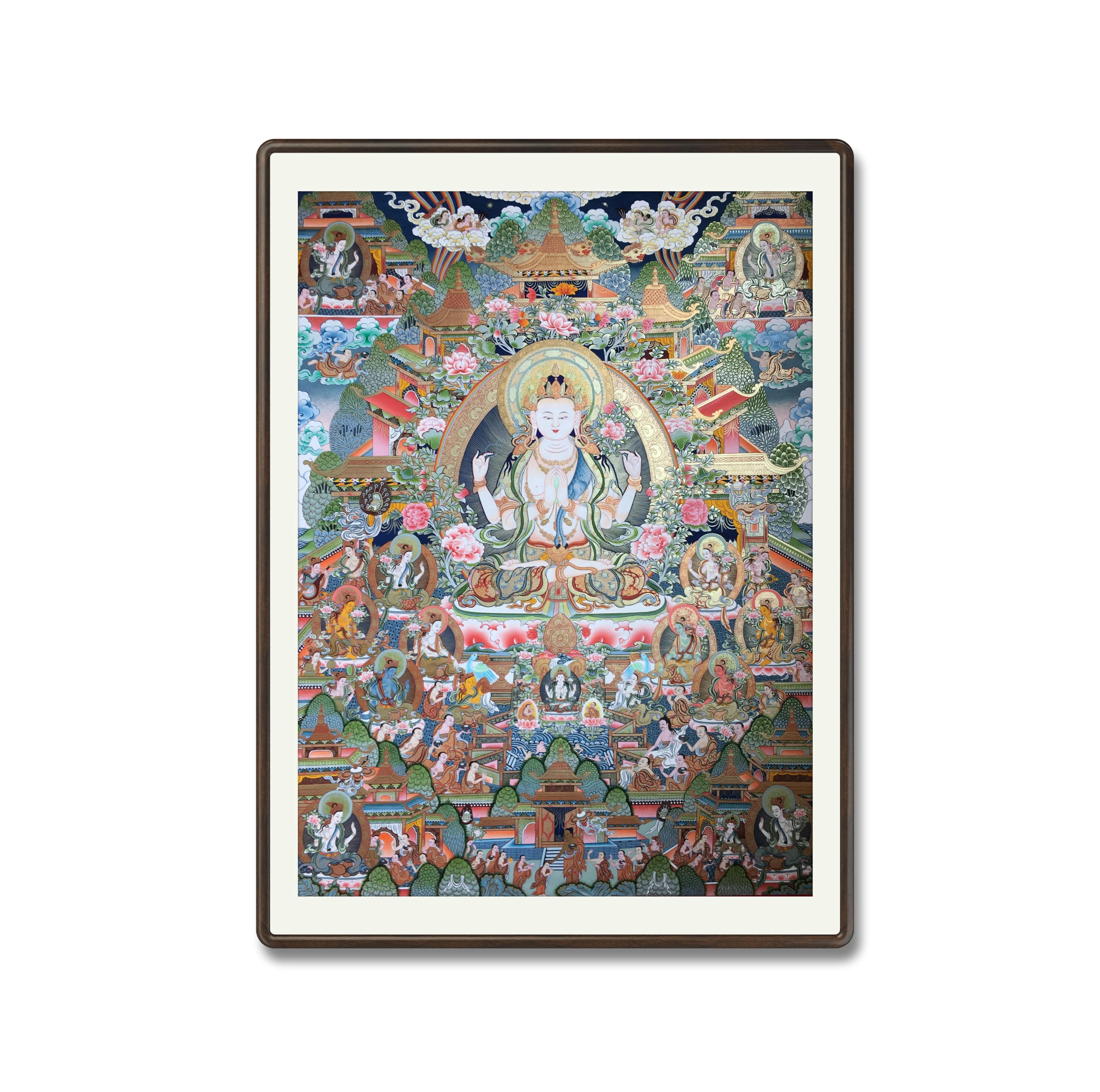 

Customizable pure mineral pigments for four arm Avalokitesvara and Paradise Thangka a finished product