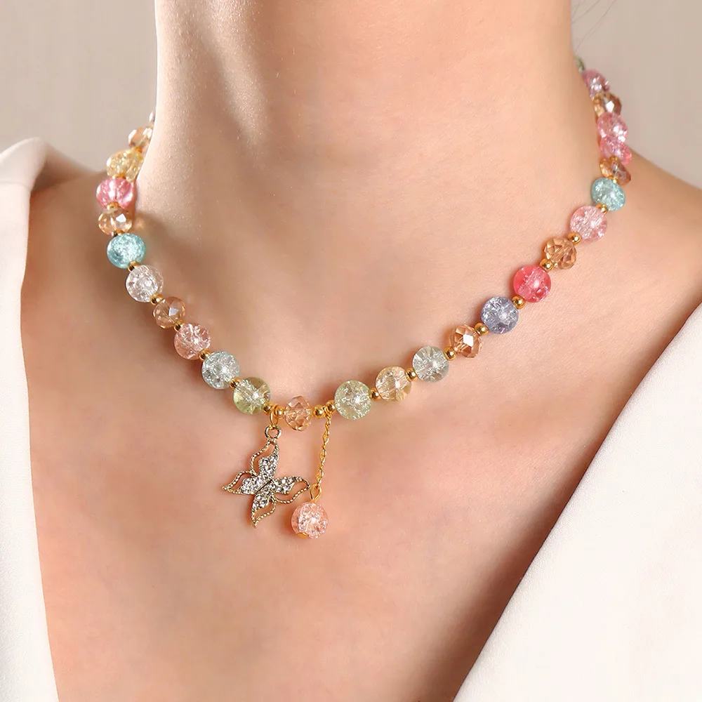 

Wholesale Fashion Butterfly Gold Plated Necklace Colourful Crystal Beaded Necklace For Women