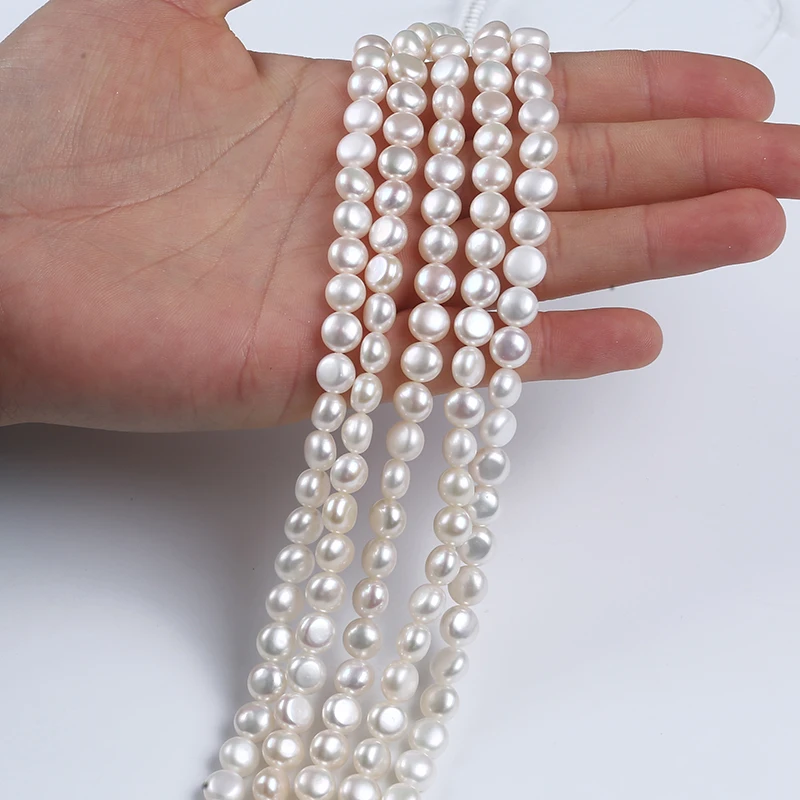 

7-8mm White Natural Real Loose Beads Freshwater Button Pearl Strand