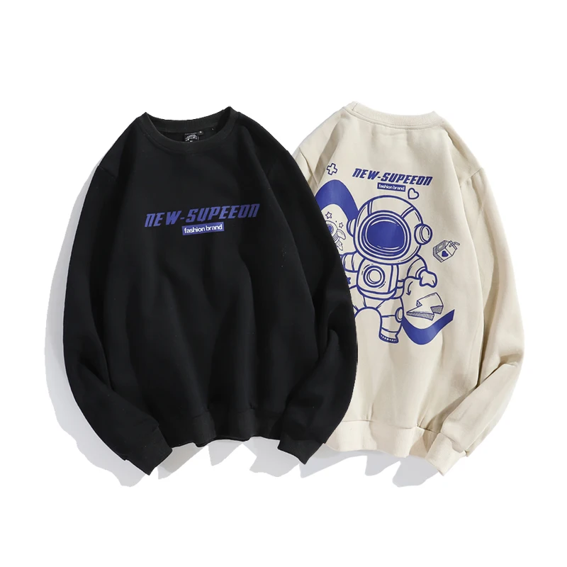 

vintage wash sweatshirt astronaut print loose casual 100% cotton fleece Oversized crewneck sweatshirt men