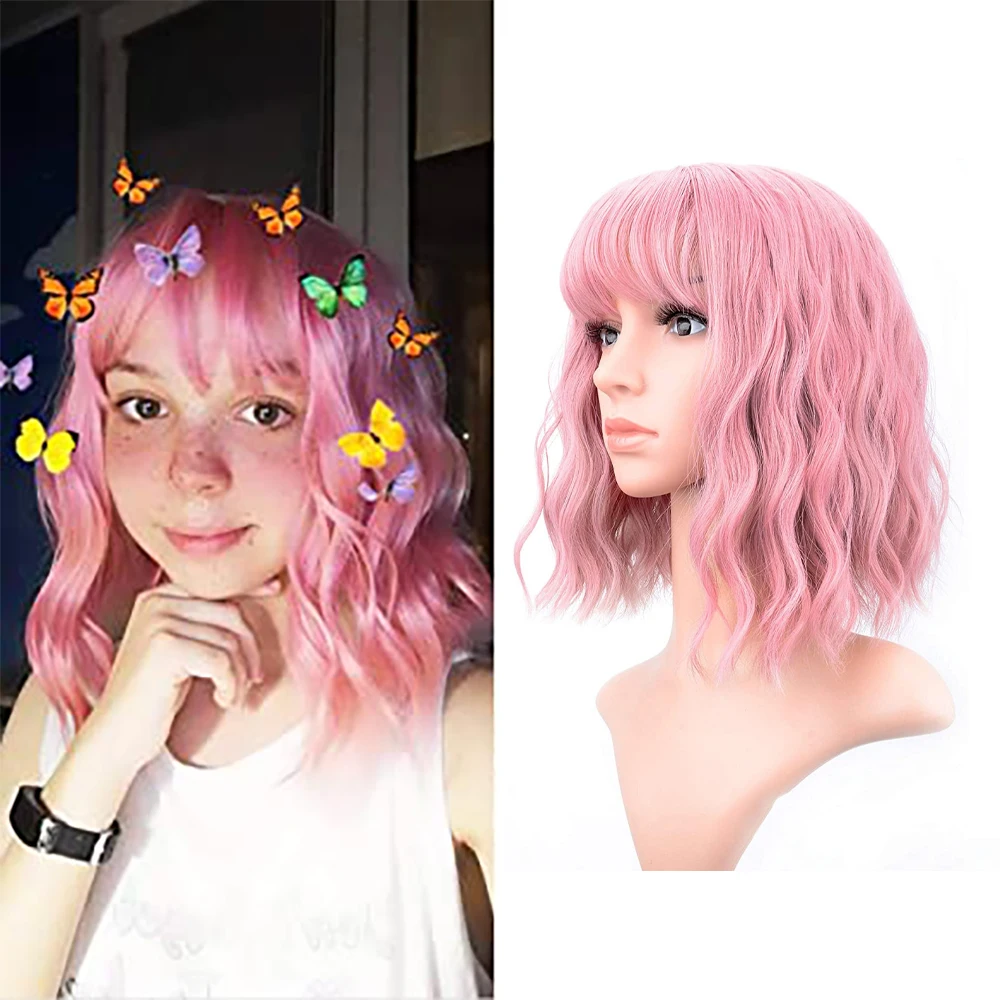 

Amazon hotselling wholesale pink synthetic wig hair bob bang wigs pink curly cosplay, Pink, can be customized