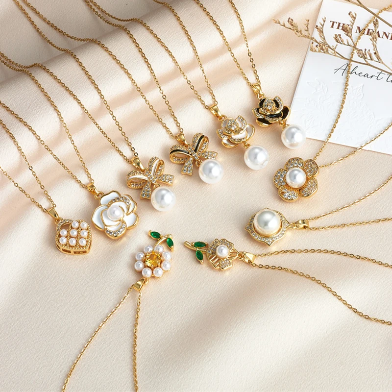 

Stainless Steel Gold Imitation Pearl Zircon Necklace Heart Flower Pendant Necklace Women's Valentine's Day Jewelry Gifts