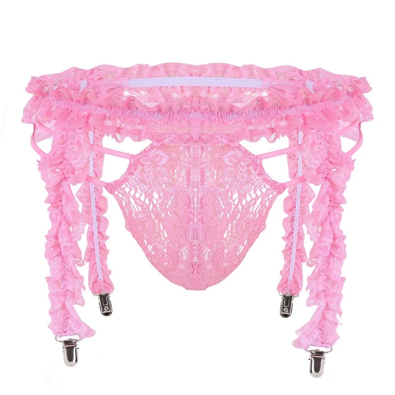 

Custom Mens Lingerie Set Ruffled Lace Sissy Underwear Garter Belt with G-String Thongs