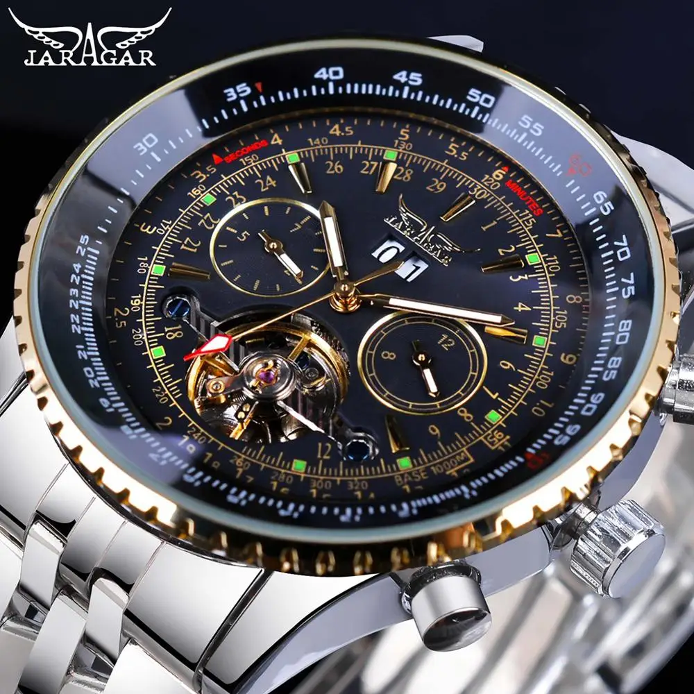 

JARAGAR GMT976 Flying Series Golden Bezel Scale Dial Design Stainless Steel Mens Watch Top Luxury Automatic Mechanical Clock