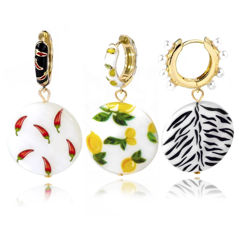 

New Arrivals Jewelry Printing Chili Lemon Shell Drop Earrings Fashion Geometry Zebra Pattern Enamel Brass Huggie Earring