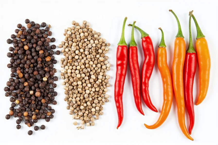 Side-by-side comparison of black peppercorns, white pepper, and various chili peppers showing visual differences
