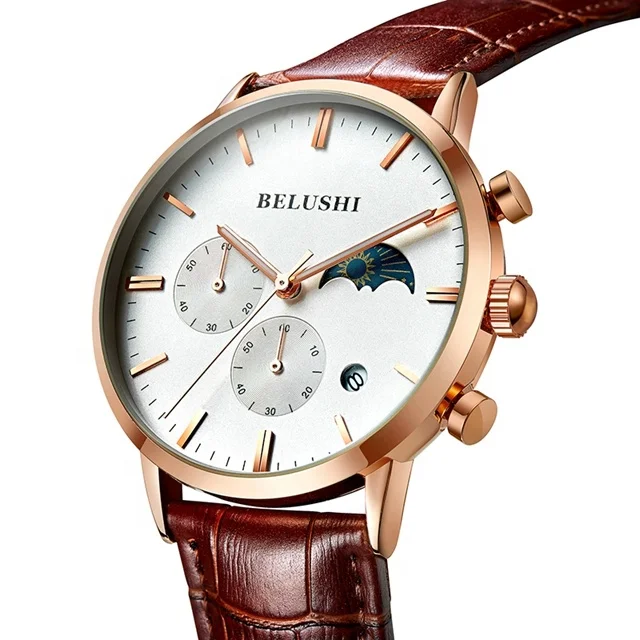 

Luxury Mens Belushi Chronograph Date Genuine Leather Quartz Watch, 6 color options