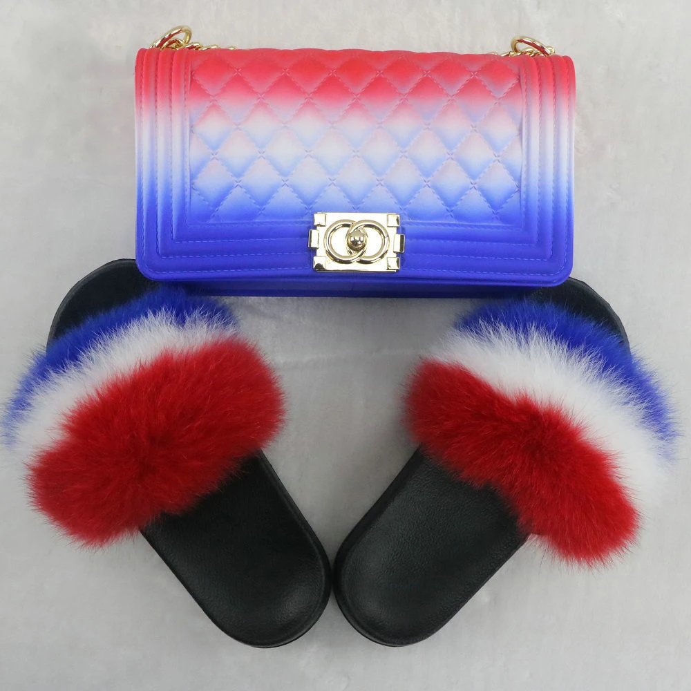 

Wholesale High Quality Fashion Lady Fox Fur Sandals Slides Slippers, Multi color