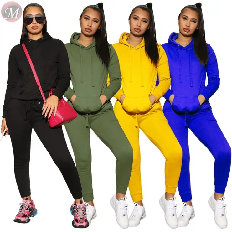 9120315 popular 4 colors pockets hooded sweat suit solid casual sport hoodie Two Piece Set Women Clothing