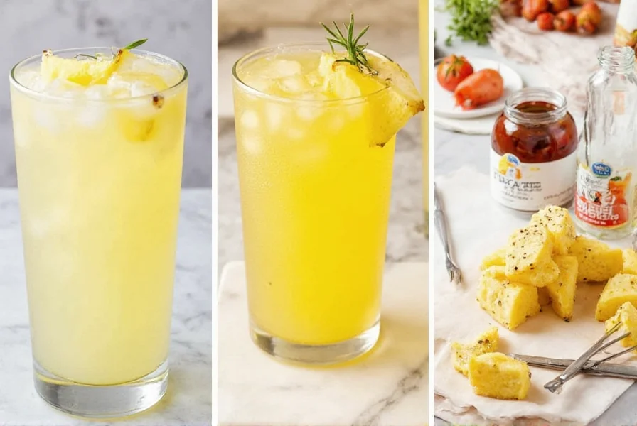 Pineapple ginger ale served in various contexts: as a standalone drink, in cocktails, and paired with food