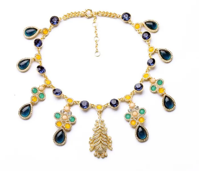 

xl00812 Unique Rainbow Teardrop Flowers and Leaves Jewelry Fashion Gold Plated Crystal Luxury Statement Necklace Women