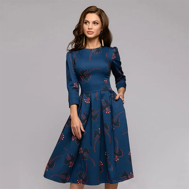 

Womens clothing floral cocktail vintage midi evening dress 3/4 sleeves, Blue