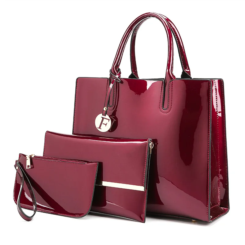 

New Fashion Glossy Patent Leather Wholesale 3PCS Ladies Handbag Sets Designer Tote Bags for Women Luxury, Customized