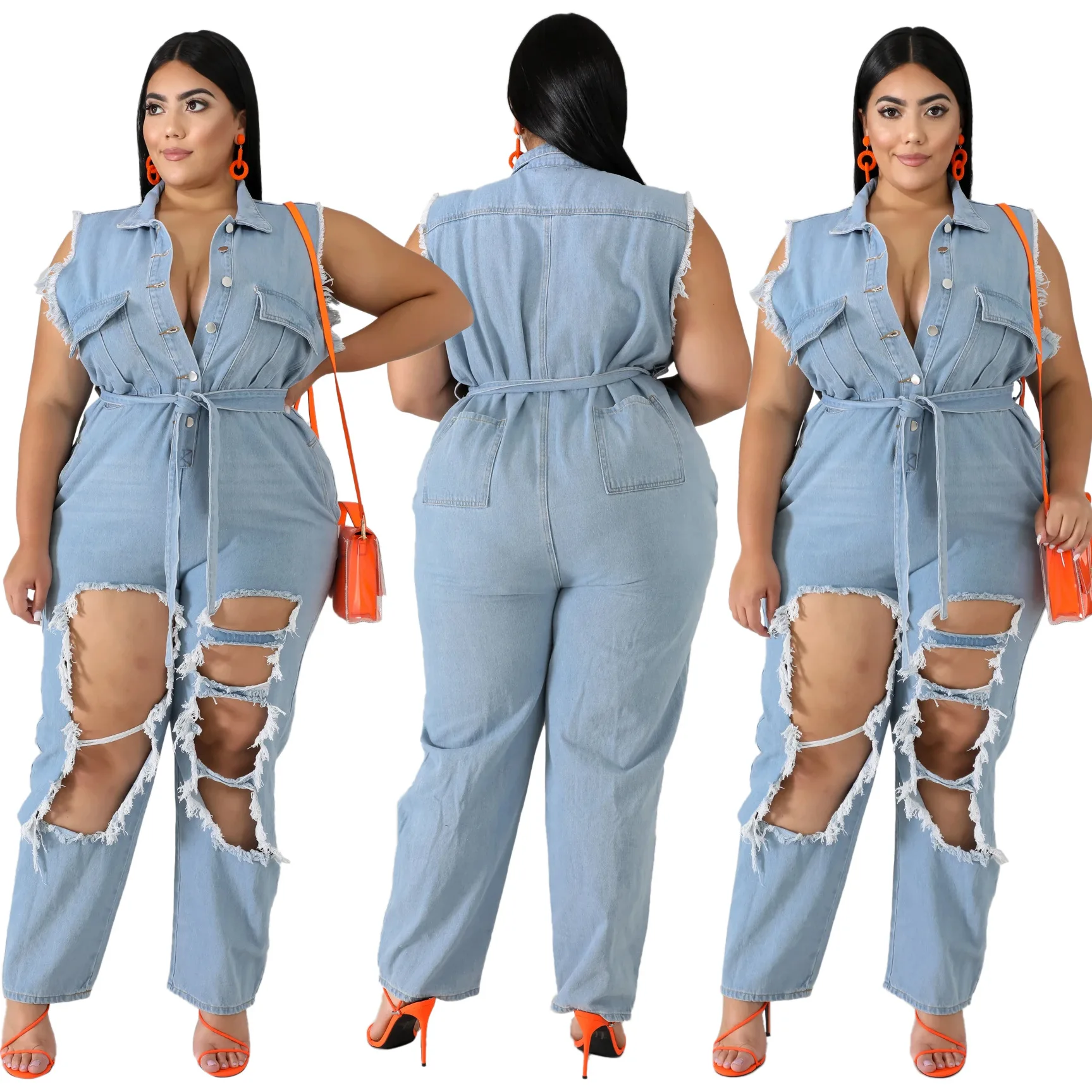 

BR824 Big holes England Denim women plus size blue jean jumpsuit