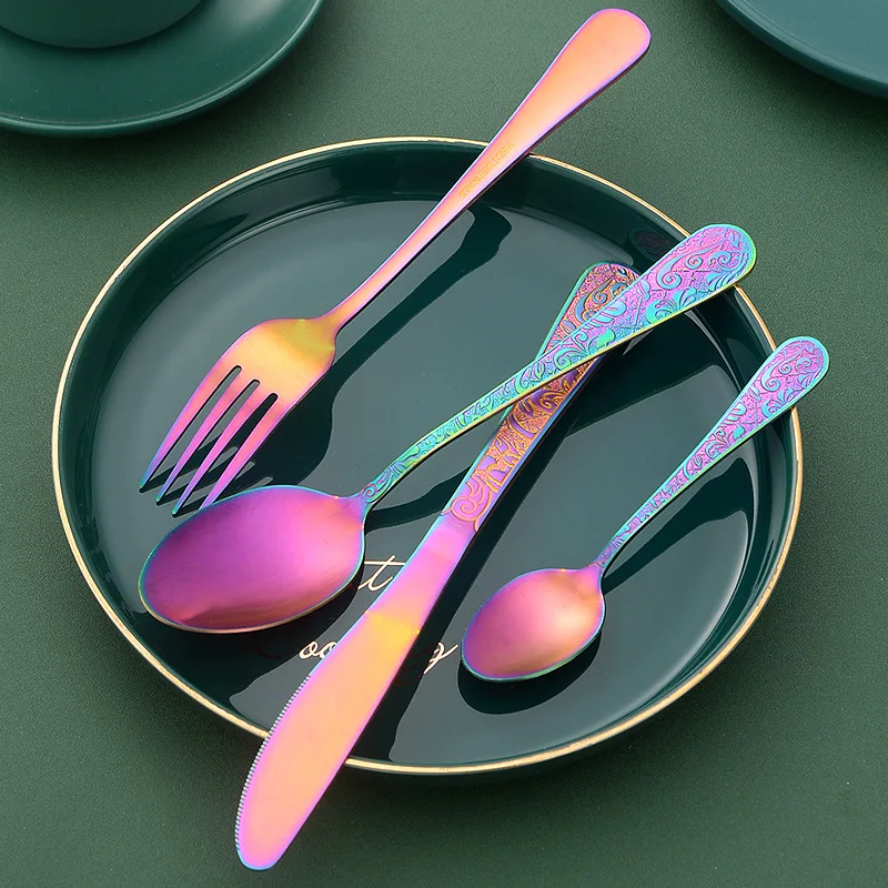 

Custom Modern Luxury Wedding Kitchen 4pcs Flatware Knife Spoon Fork Stainless Steel Gold Matte Silverware Cutlery Set, Customized color