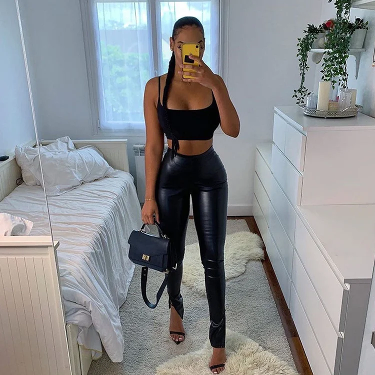 

2021 Fashion Colorful Stretch Split Hem High Waist PU Faux Leather Pants Ladies Bottoms Casual Pants Trousers For Women-HQ, Khaki,green,black,orange