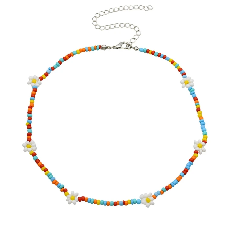 

NUORO Handmade Boho Acrylic Collar Adjustable Women Girls Summer Beach Jewelry Rainbow Flower Rice Seed Beaded Choker Necklace