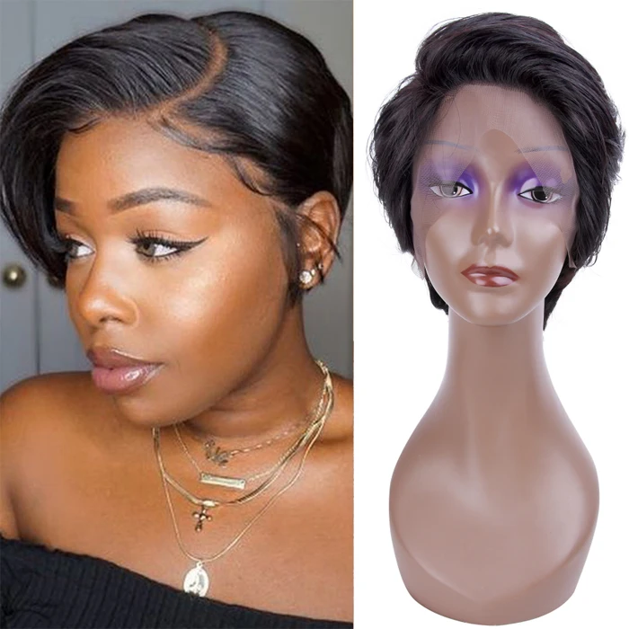 

cheap black ladies short cut afro human hair pixie lace front wig for black women with short forehead, glueless short hair wig