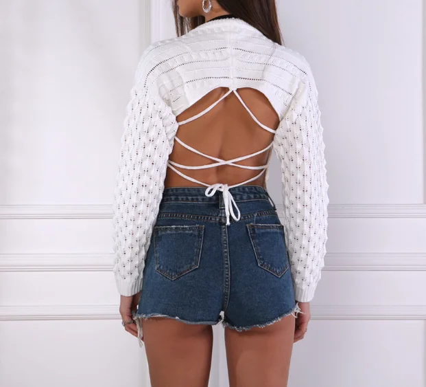 

New Design Fashion Lady Cropped Sweater Sexy Women's Crochet Knitted Backless Pullover Sweaters, Customized color