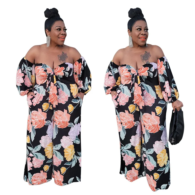 

DUODUOCOLOR New style summer 2021 low collar off the shoulder loose print long sleeve plus size jumpsuit D10710, Black