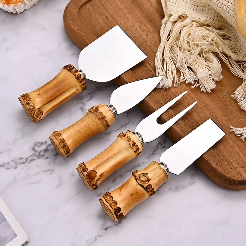 

New Cheese Tools 4 Piece Butter Cutter Fork Set Stainless Steel Cheese Knife Set with Wood Bamboo Handle