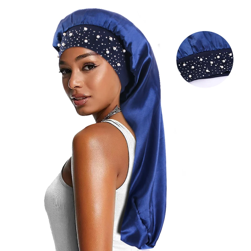 

Wholesale Custom Logo Hair Accessories Solid Pearl Satin Bonnet Cap Large Long Hair Braids Night Sleeping Hat For Women