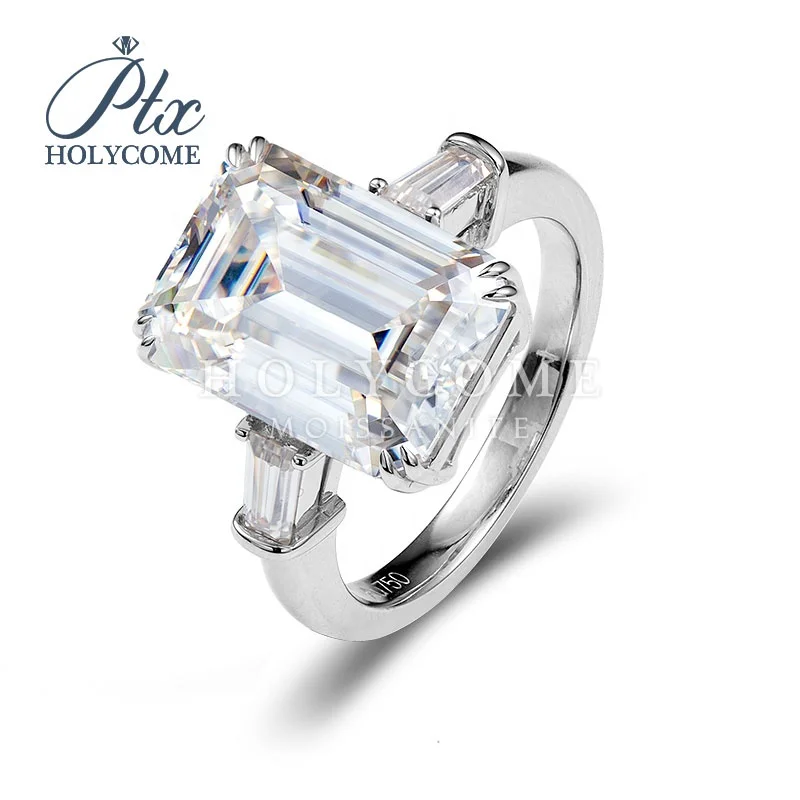 

Hot sale Design three stone ring emerald cut center moissanite diamonds white moissanite wedding ring