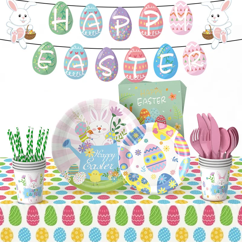 

DAMAI Easter Bunny Paper Plate & Cup Set Easter Pull Flag Disposable Tableware Set Disposable Plates Party Supplie